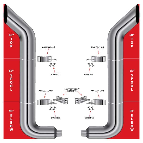 Exhaust Stack Kit 60" Bullhorn Top Stack, 55" Spool, 10" 5" Elbow, Clamps, Lower Brackets & Bushings